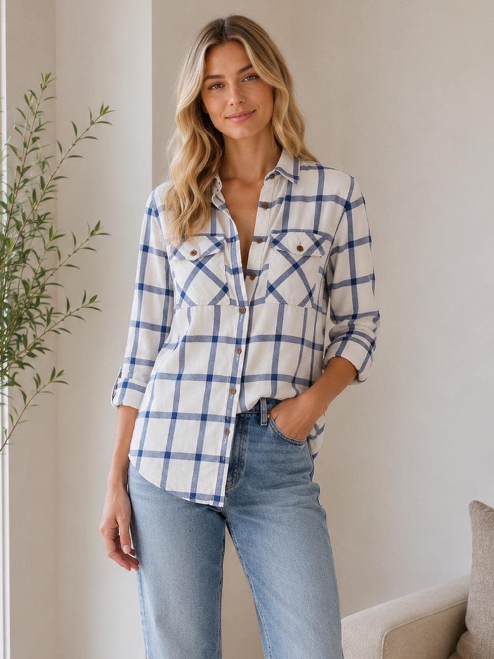 J. Crew Flannel Button Down Shirt Off White Blue size 0 P